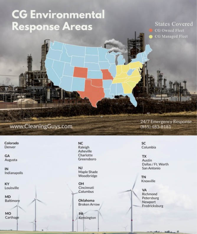 Service area map highlighting CG Environmental, an EnviroServe Company's coverage actoss the Nation 
