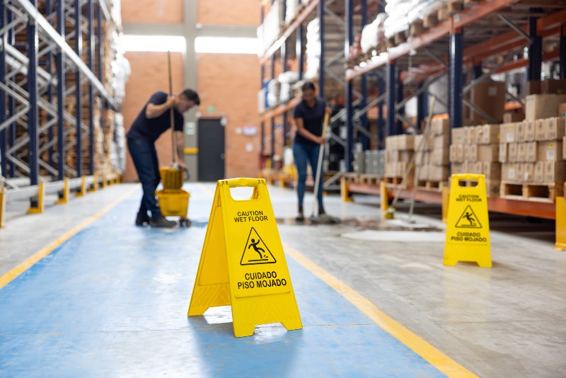 Caution wet floor sign with industrial cleaning crew