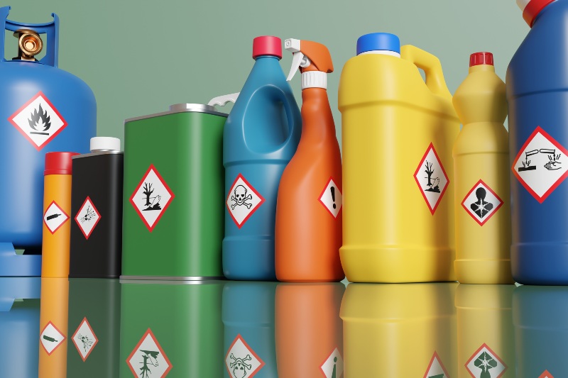 Plastic bottles and metallic tins having with different hazardous warning labels